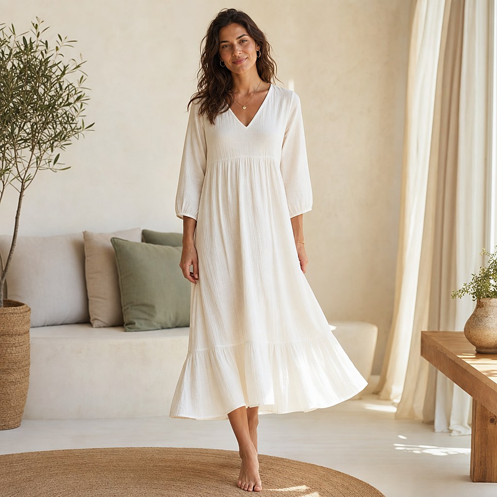 Musselinkleid Nelly in Creme mit V-Ausschnitt und Volant-Saum, am Modell getragen