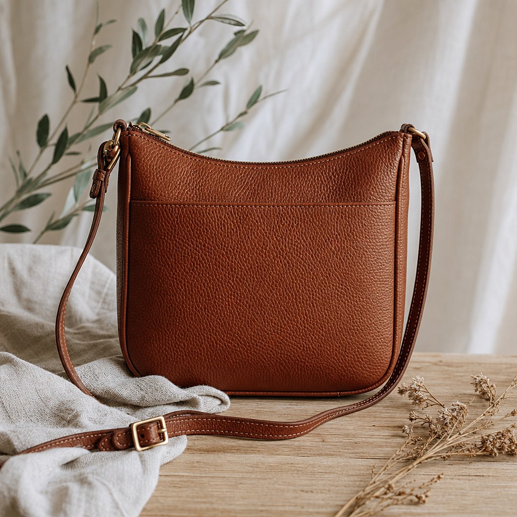 Cognacfarbene Crossbody-Tasche Malou aus genarbtem Echtleder