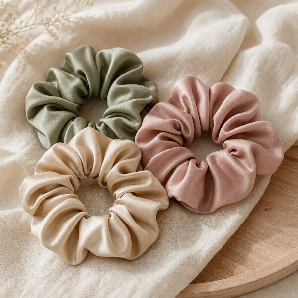 Scrunchie-Set Cosy, drei Baumwollsatin-Scrunchies in Beige, Salbei und Altrosa