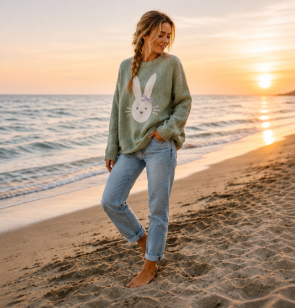 Frau im salbeigrünen Strickpullover mit Hasen-Motiv, barfuß am Strand bei Sonnenuntergang