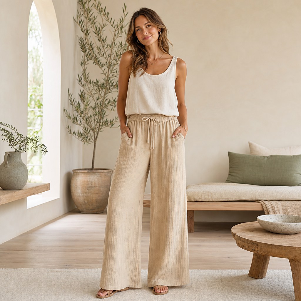 Beige Musselinhose Frida mit Bindeband und seitlichen Taschen, am Modell getragen