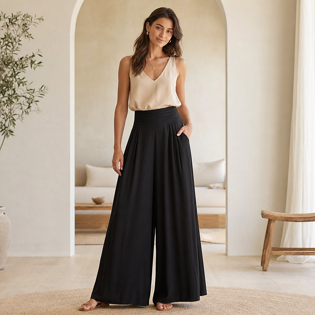 Schwarze Palazzohose Vittoria mit hohem Bund und weitem Bein, am Modell getragen