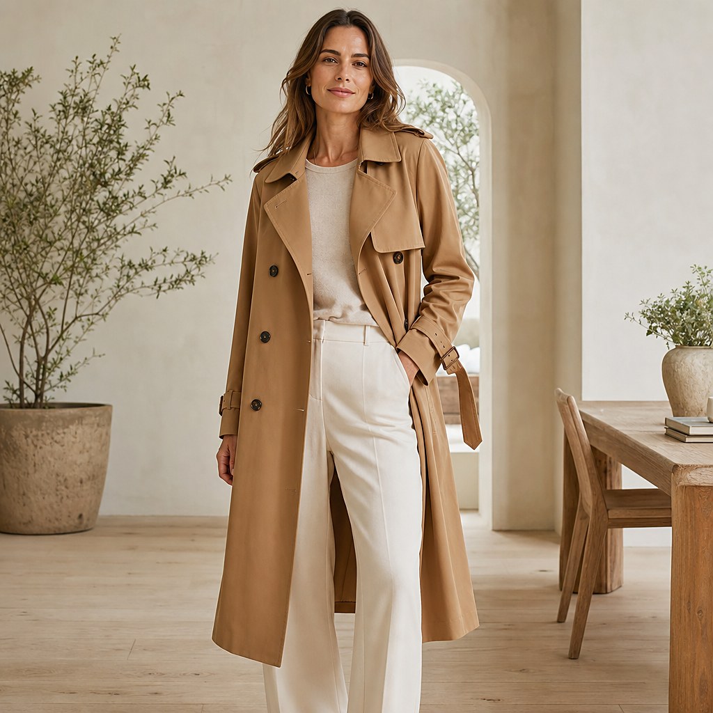 Camelfarbener Trenchcoat Aveline, doppelreihig mit Bindegürtel, am Modell getragen