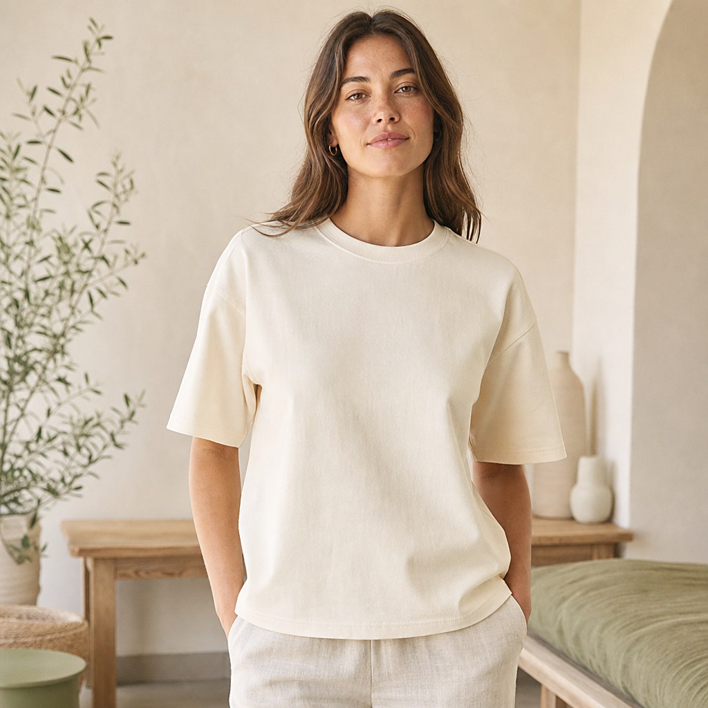Cremefarbenes Bio-Baumwollshirt Lea mit geradem Schnitt und Rundhals, am Modell getragen