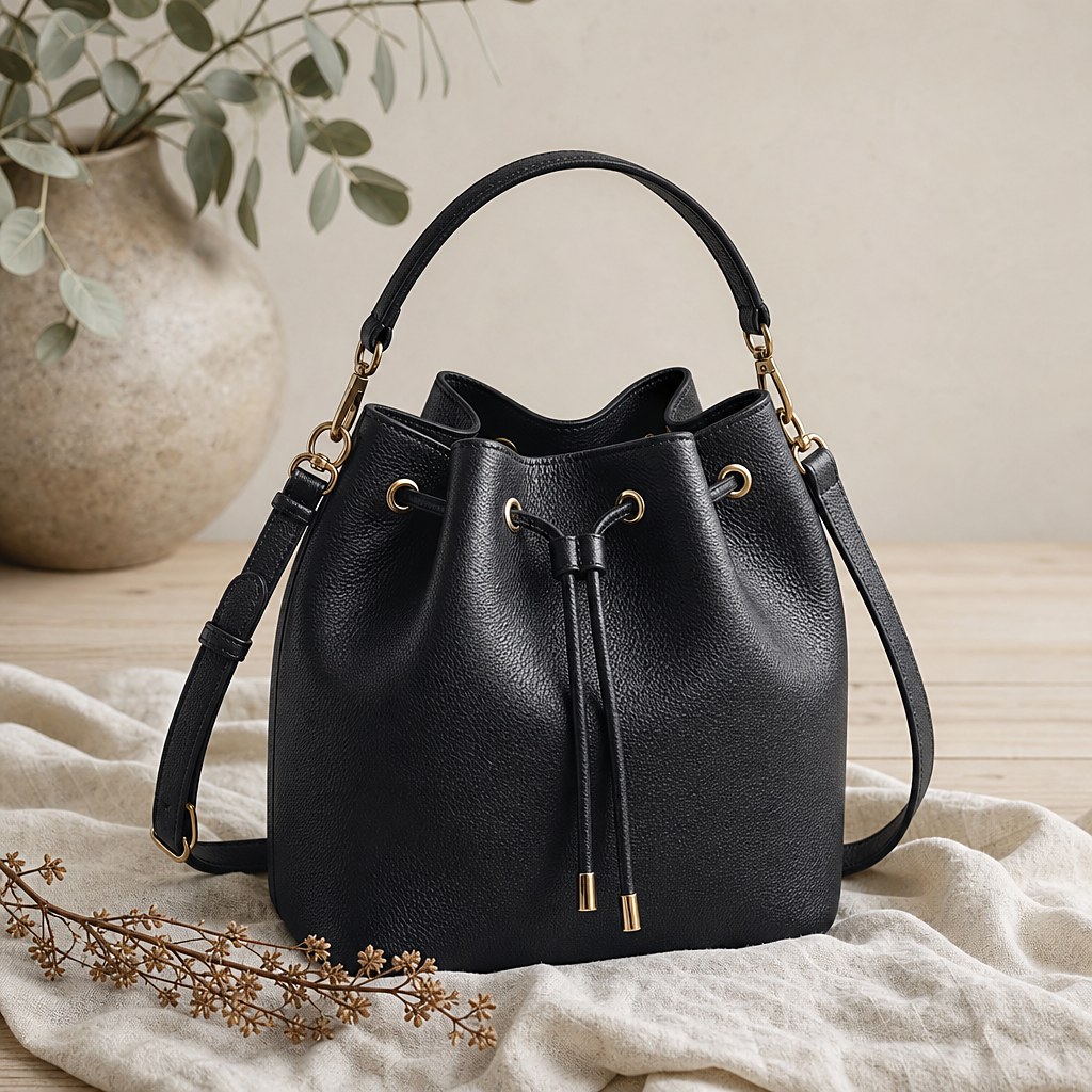 Schwarze Bucket Bag Josie aus Echtleder mit Zugband und Golddetails